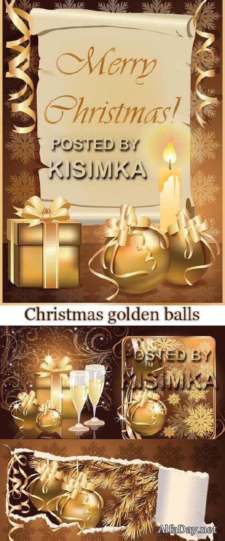 Stock: Christmas greeting card with golden balls