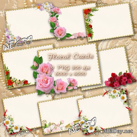 ��������� �������� � ������� ������ PNG Flower Cards in Golden Frames
