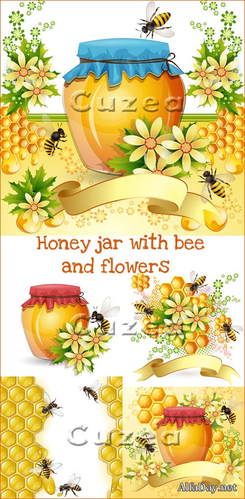̸� � �������� � ������� � ������� - ��������� �������| Honey jar with bee and flowers in vector
