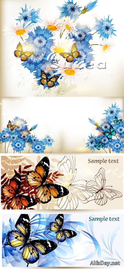 ������ ���� � ���������, ���������� � ��������� � �������/ Gentle backgrounds with camomiles, cornflowers and butterflies in a vector