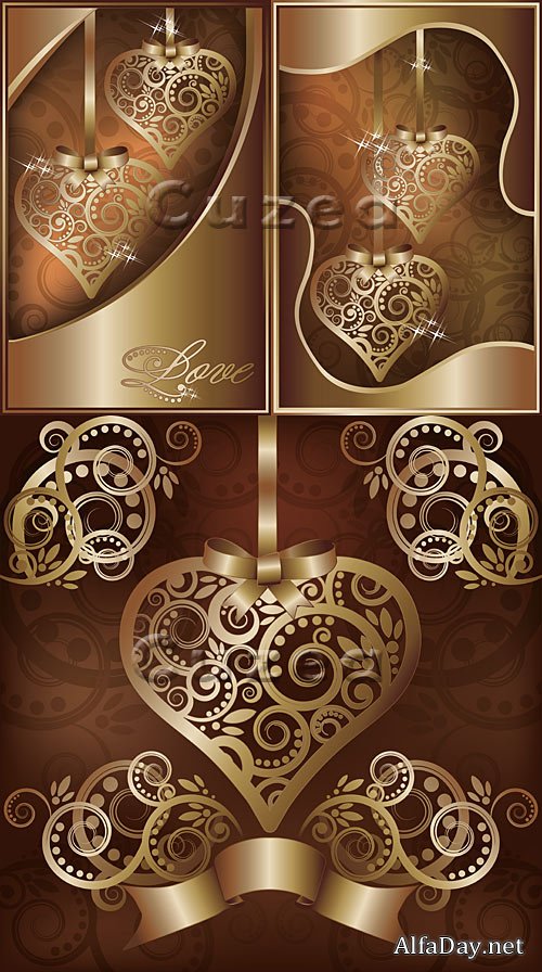 ������������ ������� ������ � ������� | Collection of Valentine decorative gold heart in vector