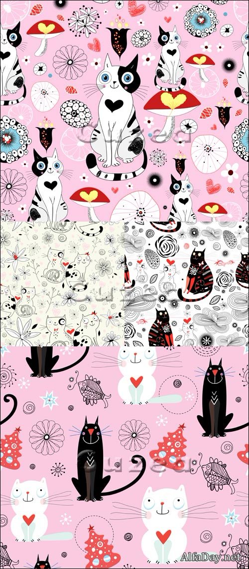 ���������� �������� � ��� ��������� � ������� | Drawn cats by Valentine's Day in vector