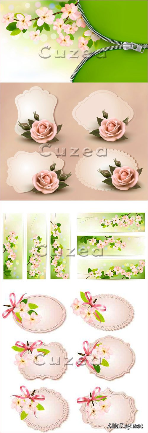 �������� ������� � ������� ������� � ������� | Spring banners with gentle flowers in vector