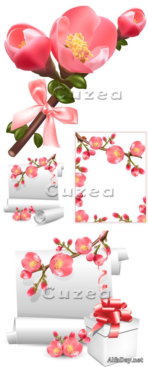 �������� ����� � ������ � ������� / Vector stock - spring flowers and scroll