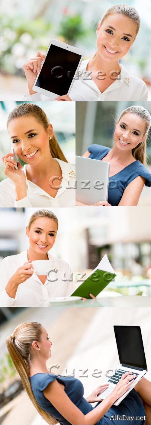 ������ ���� � ��������� - ���� ���� / Business woman holding laptop, phone and  cup - stock photo