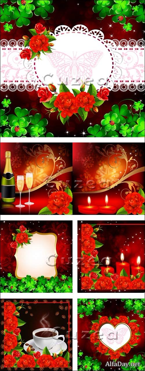 ������������� ���� � �������� ������ � ���������� � ������� / Candles, champagne and red roses - vector stock