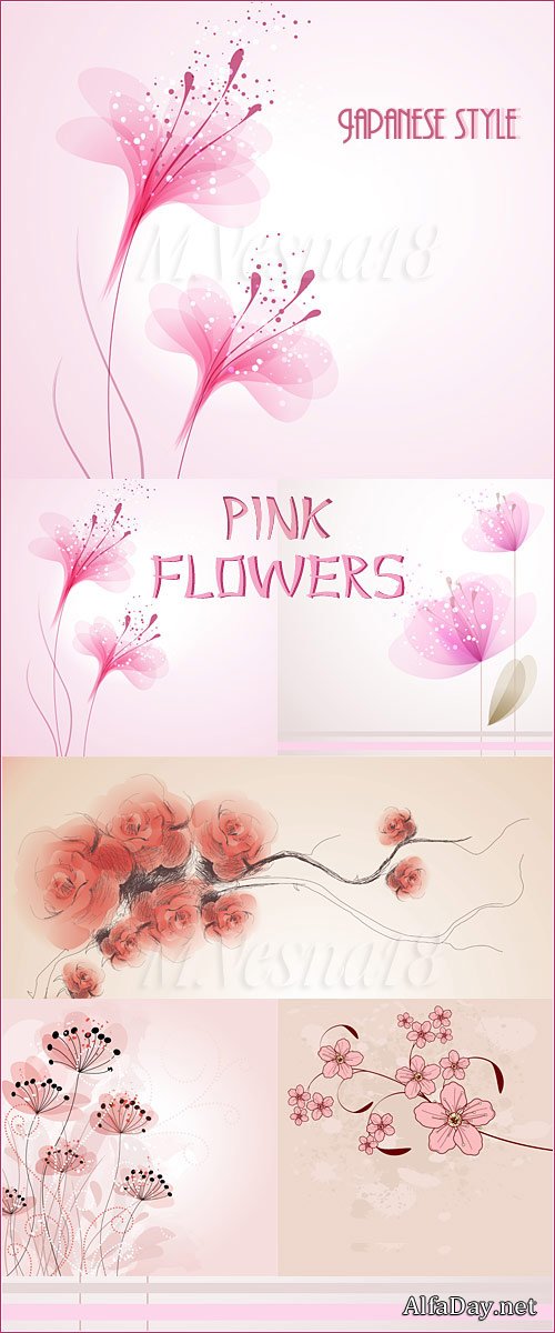 ������� ����� � �������� ����� - ��������� ������� / Pink flowers in the Japanese style in vector stock