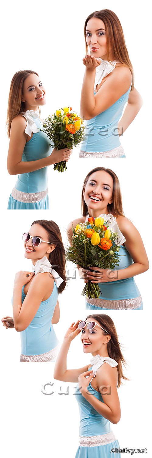 ������ ������� �� ����� ���� / Beautiful girl with flowers - Stock photo