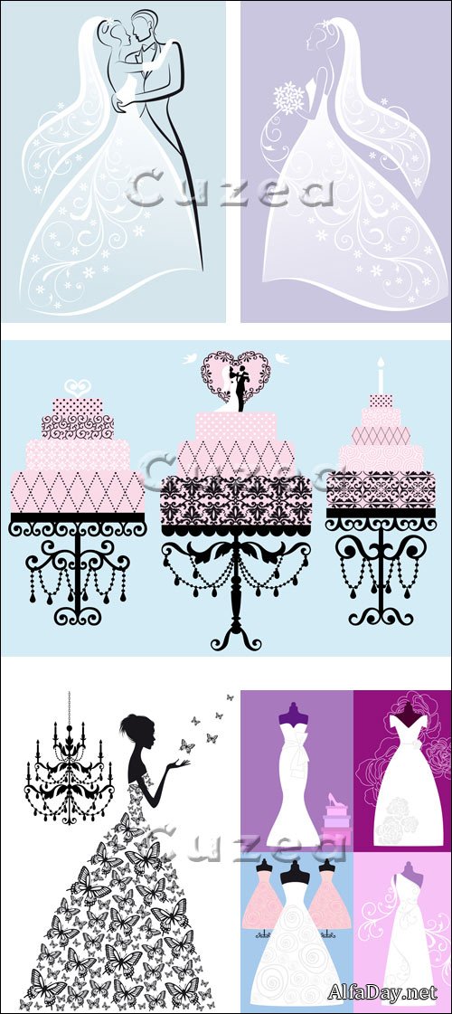 ���� �������, �������, ��������� ������ � ���� - ������ / Wedding day, bride, dress and cake - vector