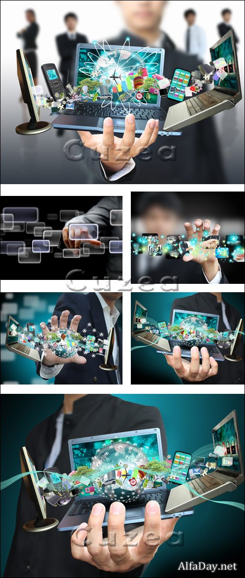 ������� ���� � ���������� ������� / Man holding social object - stock photo