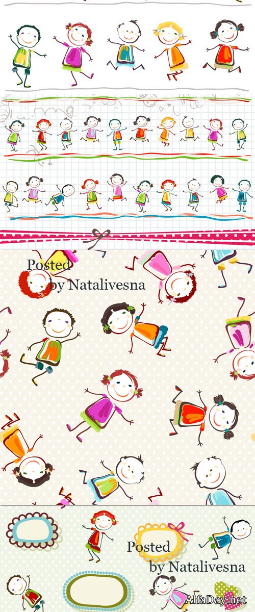 ������� ���� � ������� � ����������� / Children's backgrounds with little men in Vector