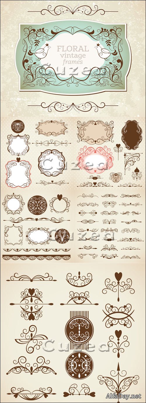 ��������� ��������� ����� � ��������� / Vintage floral frame and inscriptions in vector