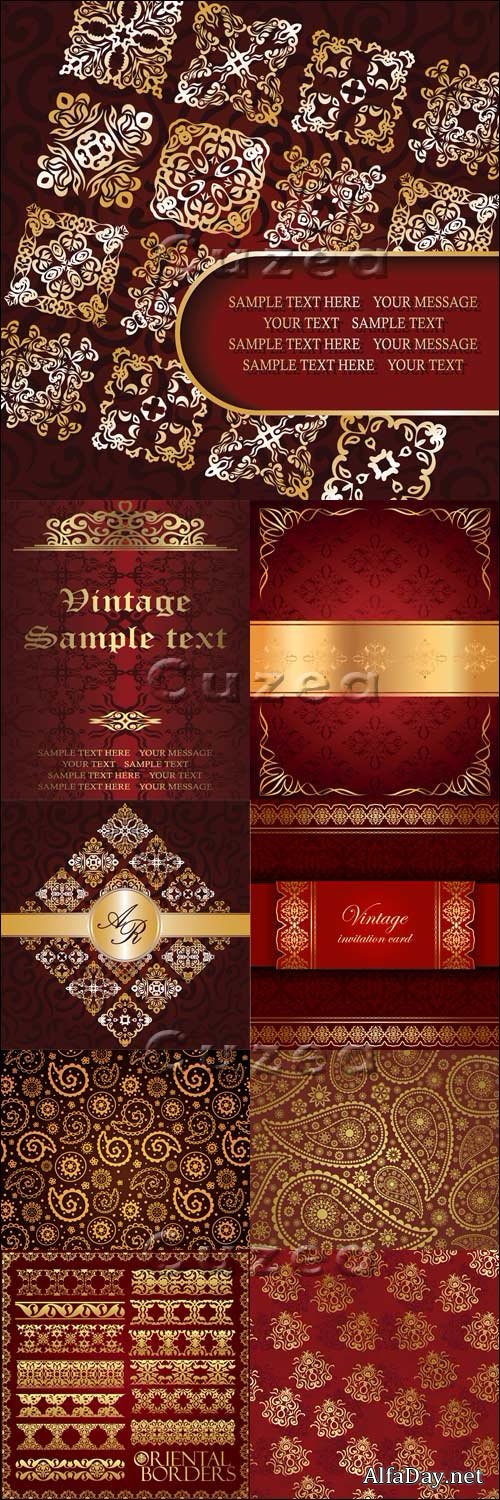 ������� ��������� ���� � �������� ���������� � ������� / Red vintage background with gold elements in vector