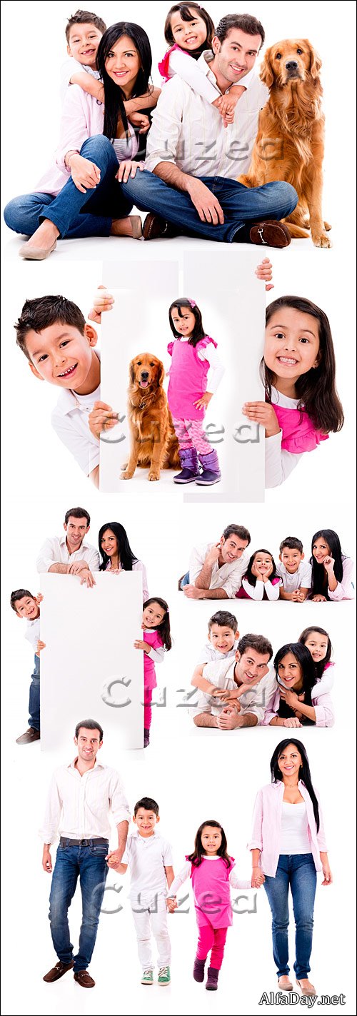 ���������� ����� � ������ �� ����� ���� / Happy family and dog on white background - stock photo