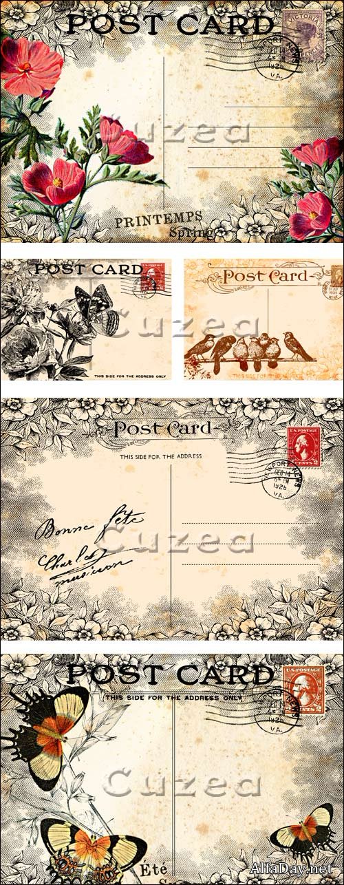 ��������� �������� � ������� / Vintage post cards with flowers in vector