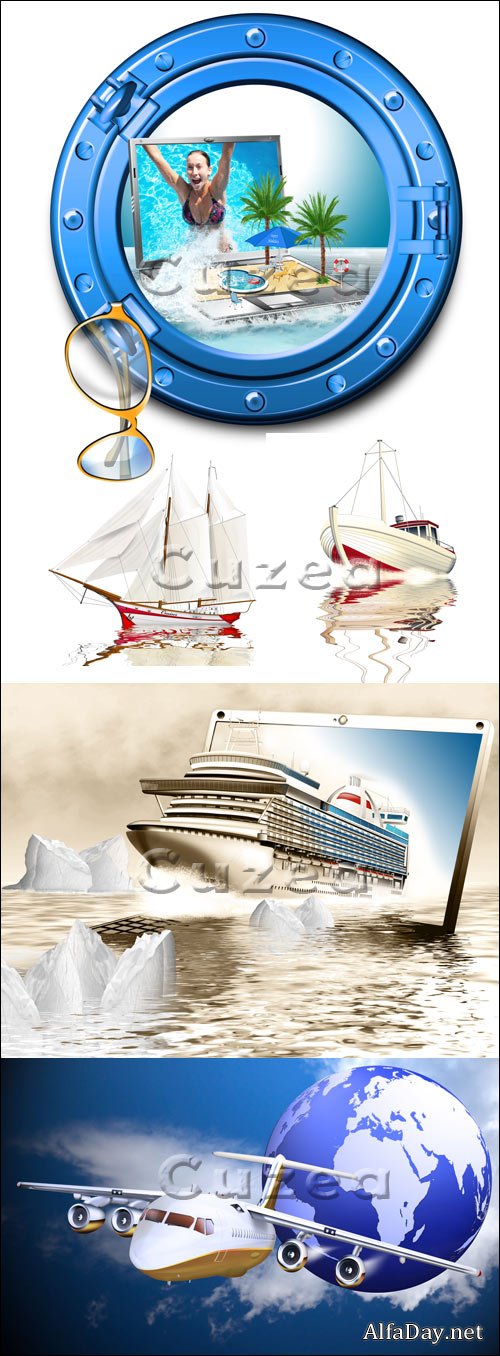 ������ ����������� �� ������� � ������� / Summer travel by ship and plane - stock photo