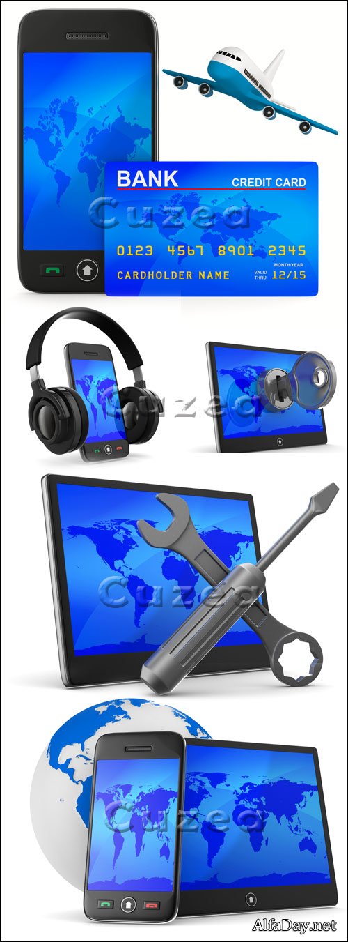 �������, ��������� ����� � ������ / Phone, credit card and airplane - stock photo