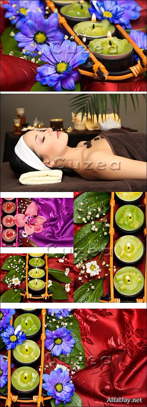 ����� � ����� ��� ��� �������� / Row of green candles and blue flowers - stock photo