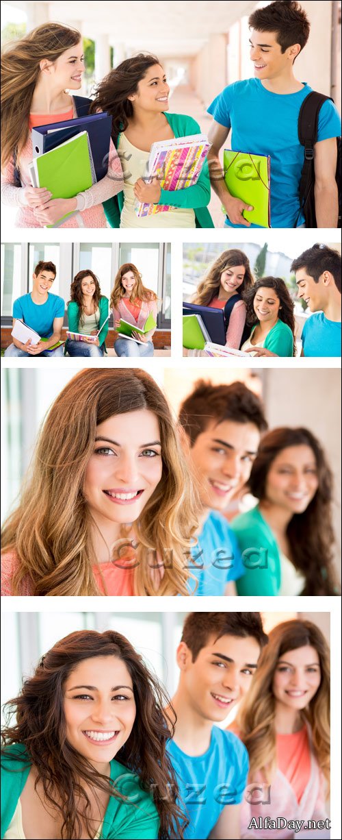 ������� ������ ��������� � ��������������� ������� / Young group of students in campus - stock photo