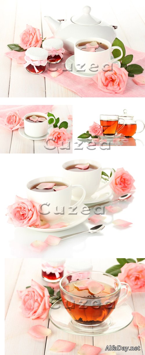 ��� � ���� �� ���������� ���� / Tea and roses on wood background - stock photo