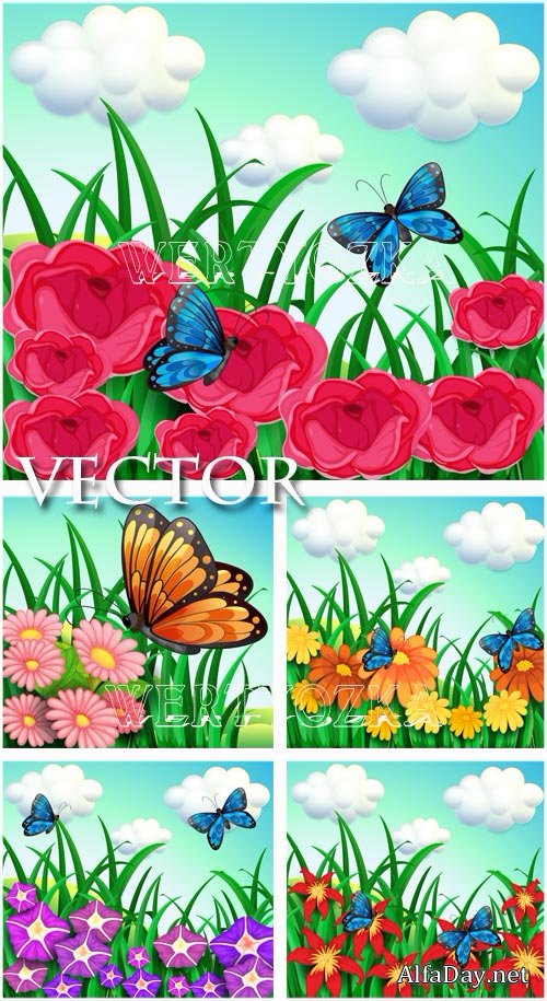 ��������� ���� � ��������� / Flowers and butterflies - vector clipart