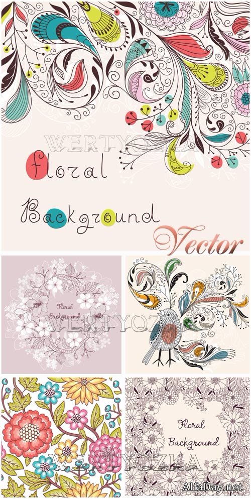 ����� � ��������� � ������� / Background with flowers and ornaments - vector clipart