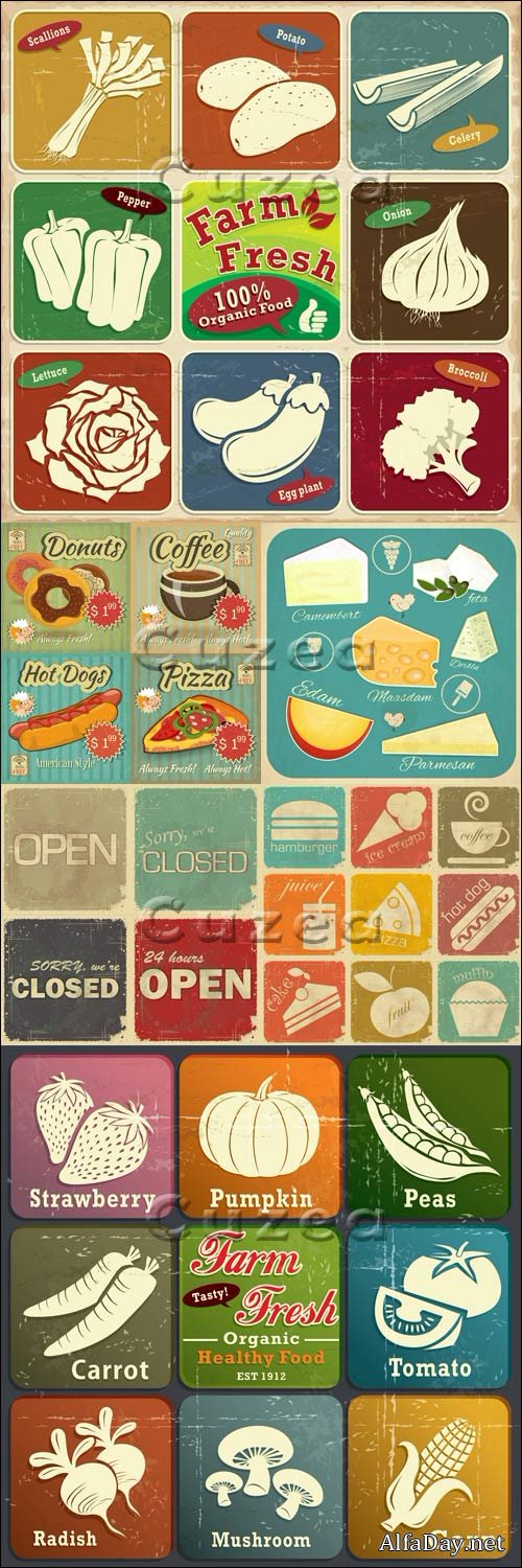 ��������� ������� � ������� � �������� � ������� / Vintage posters of food and fruit in vector