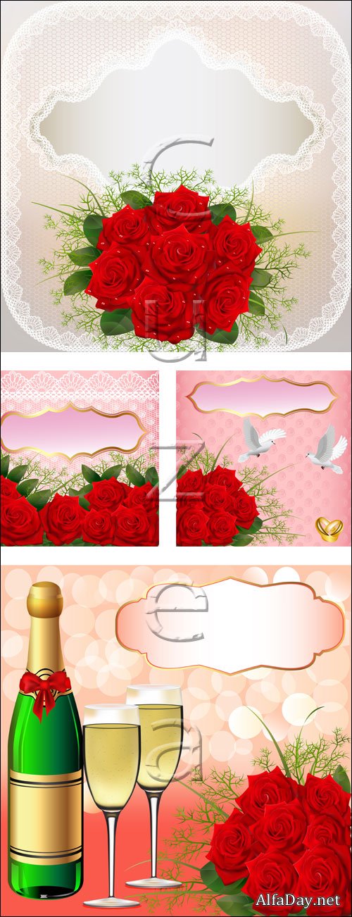 ��������� ���� � �������� ������ / wedding  background with red roses - vector stock