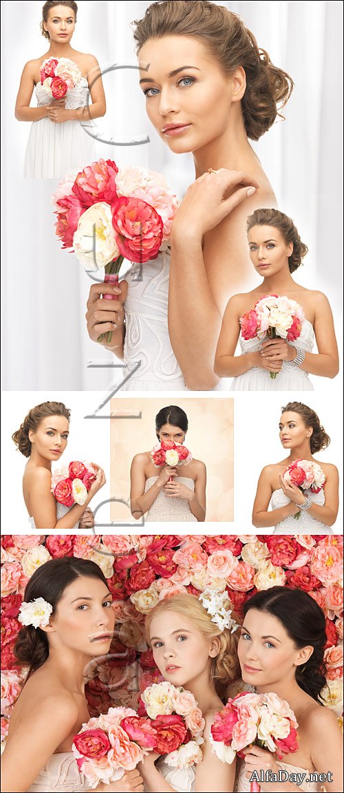 ������� � ����� � �������� ������ / Bride in white with red roses - stock photo