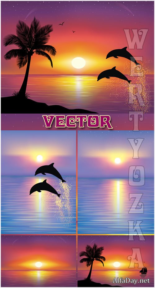 ������� ������� � �������� / Seascapes and the dolphins - Vector clipart