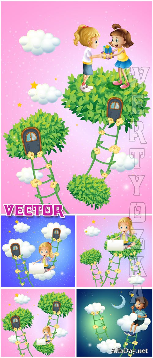 ������� ���� � ��������� � �������� / Children background with boy and girl - Vector clipart