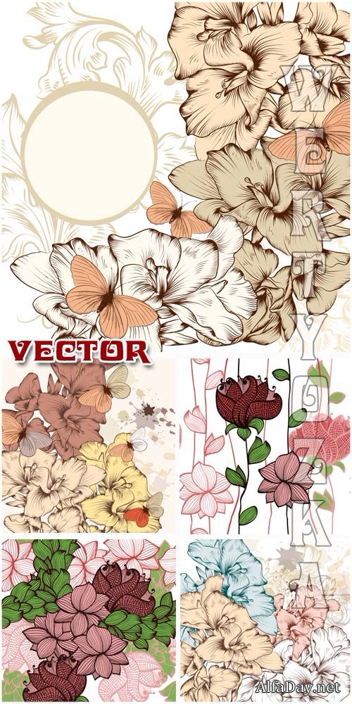 ���� � ������� � ��������� / Backgrounds with flowers and butterflies - Vector clipart