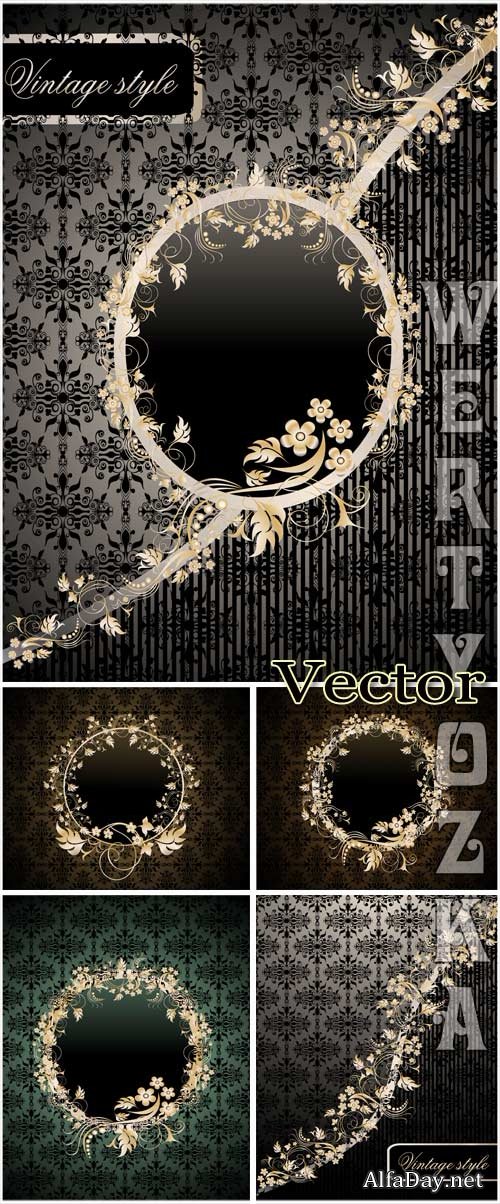 ��������� ���� � ������� ������ � ���������� / Dark vector background with gold pattern and decorative flowers