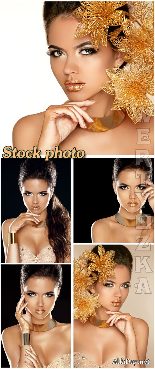 ��������� ������� � �������� ������� / Glamour girl with gold flowers - Raster clipart