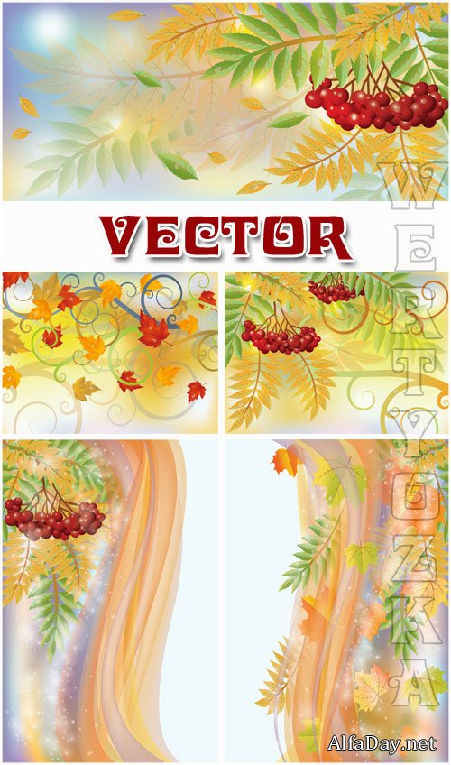 ������� ���� � ������� ������� / Autumn background with a red sorbus - vector clipart