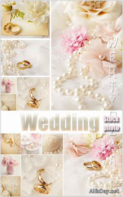 ��������� ������� / Wedding collage with roses and wedding rings - Raster clipart