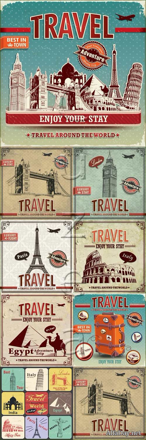 ������������� ���� � ��������������������� / Travel backgrouns with world monuments - vector stock