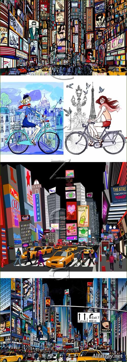 ������ ������ ������ � ������� � ������� / Nigth town and girls - vector stock