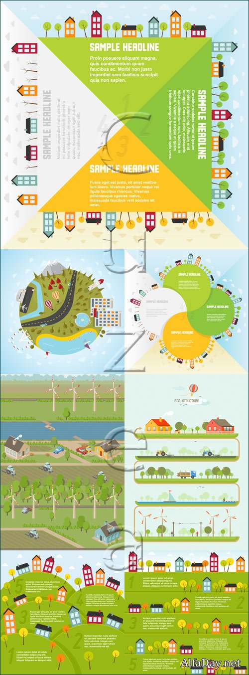 Banners with small town in different seasons - vector stock