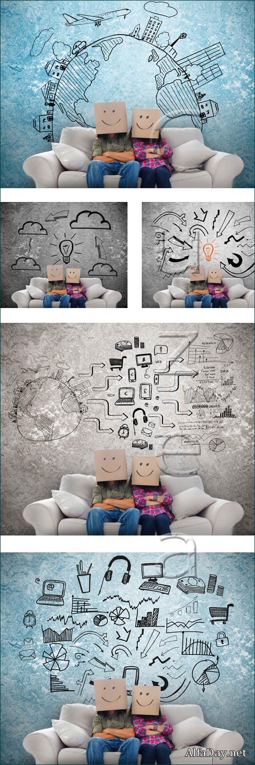 Employees with boxes on their heads - stock photo