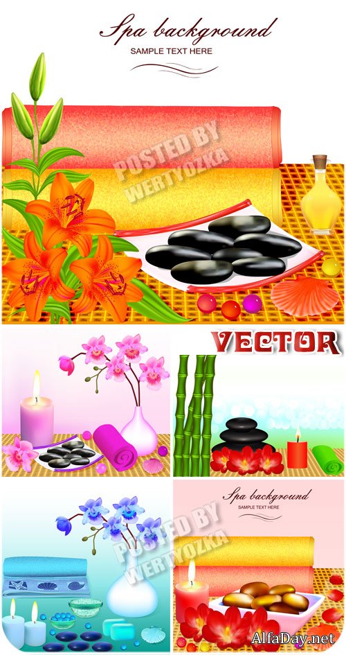 ��� ���� � �������, ������� � ������� / Spa background with flowers, stones and candles - vector
