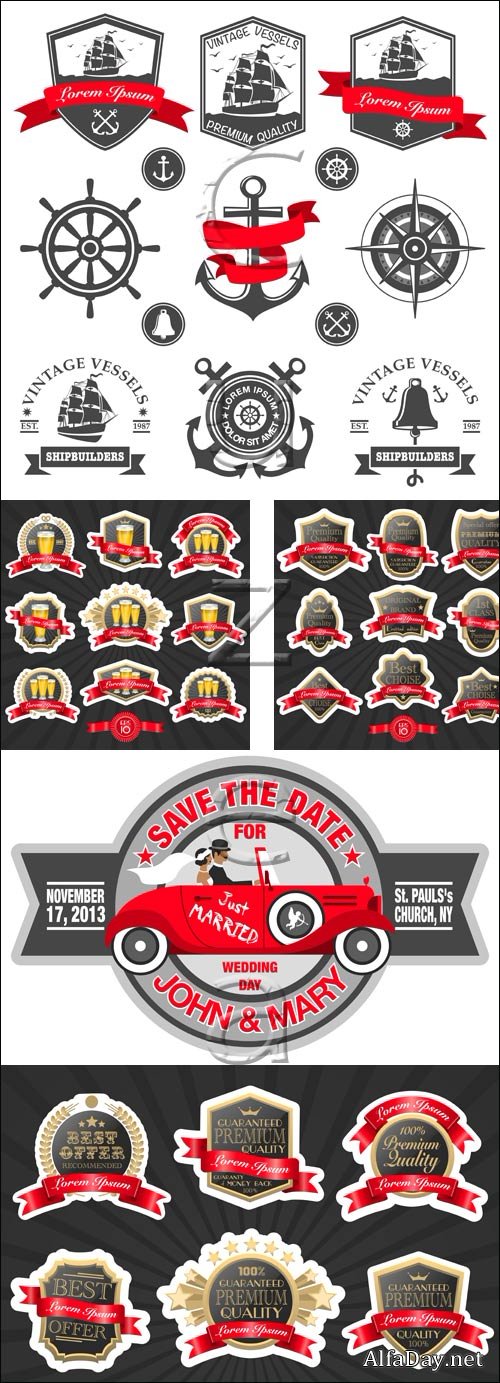 Premium labels with red ribbons, 12 - vector stock