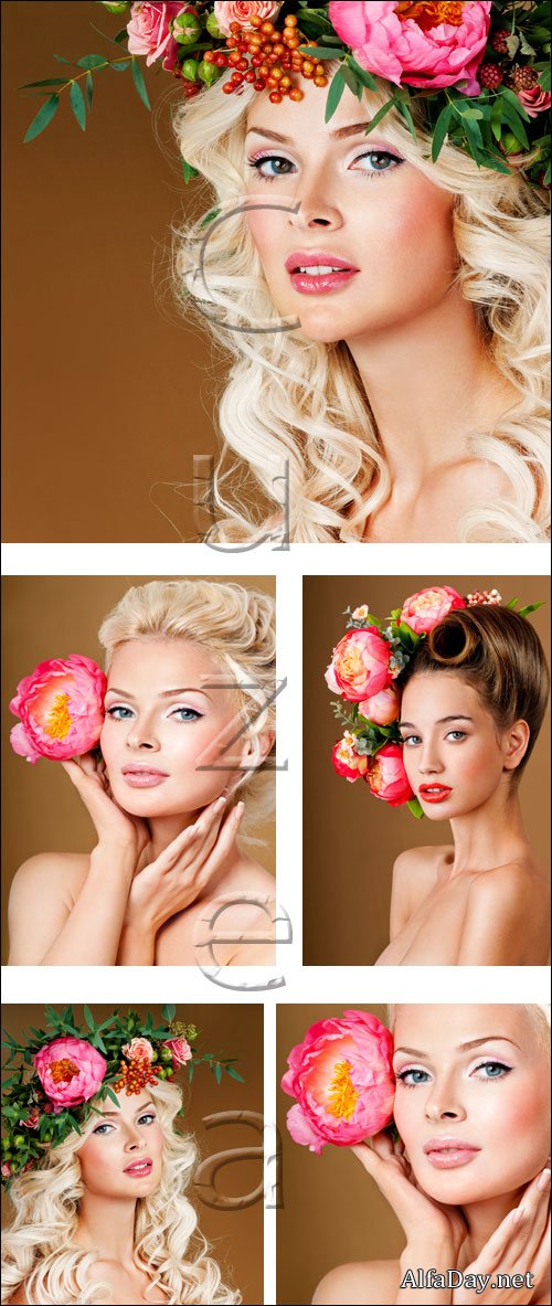 Girl with beautiful flowers - stock photo