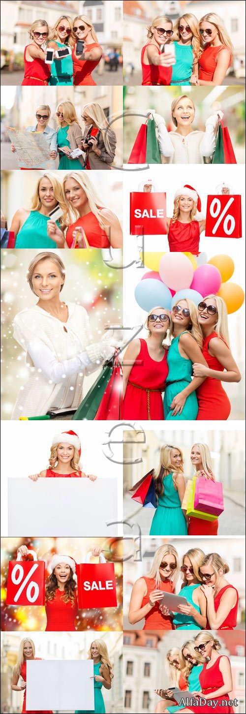 Beautiful women after shopping - stock photo