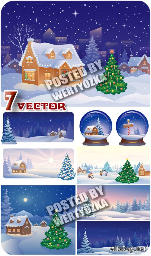 ������ ���� � ������� � ����� / Winter background with a house and a tree - stock vector
