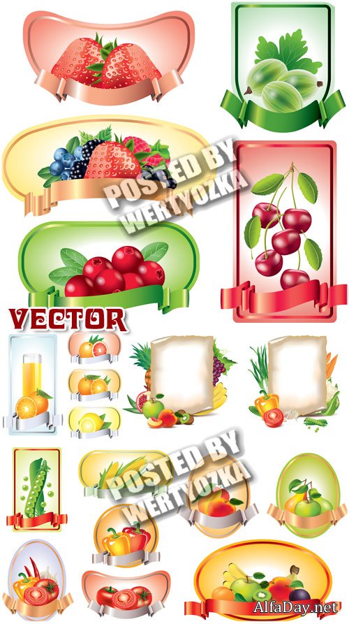 �������� �  �������� � ������� / Labels with fruits and vegetables - stock vector