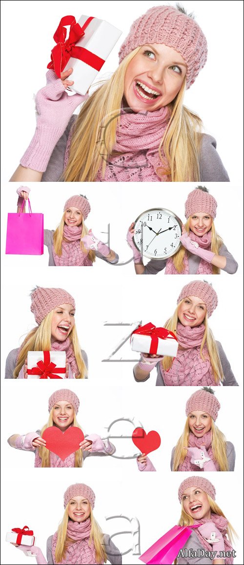 Winter girl with gifts - stock photo