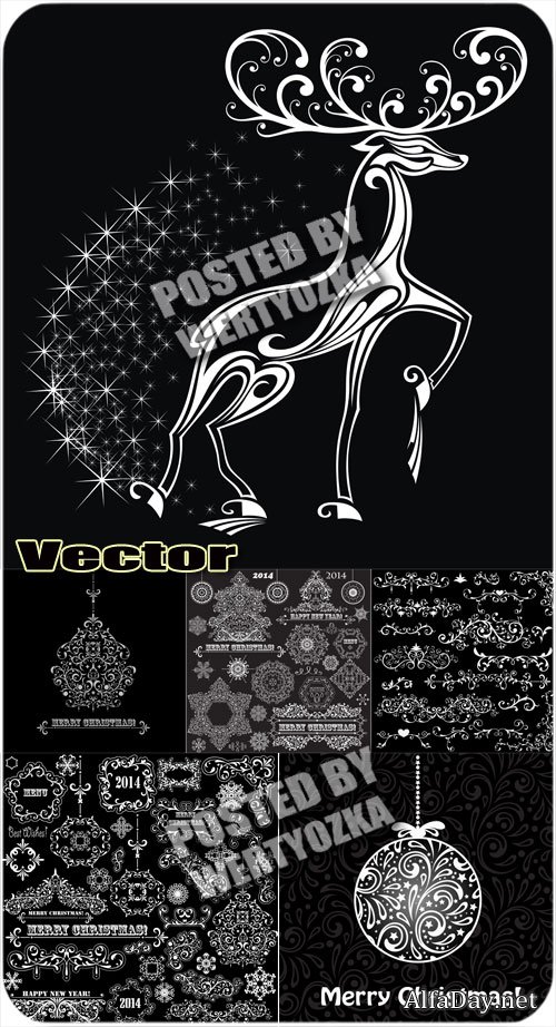 ����������� �����, �������������� ����� � ��������� / Silver reindeer, christmas patterns and ornaments - vector