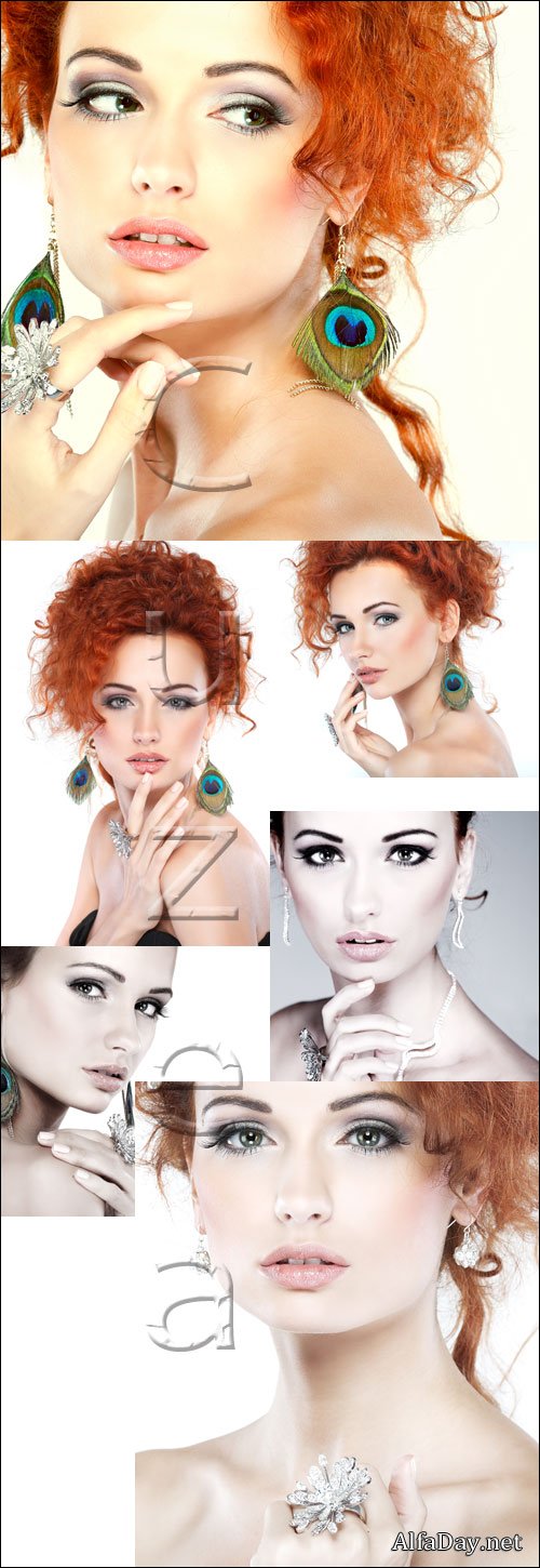 Young pretty woman with red hair and modern make up - stock photo