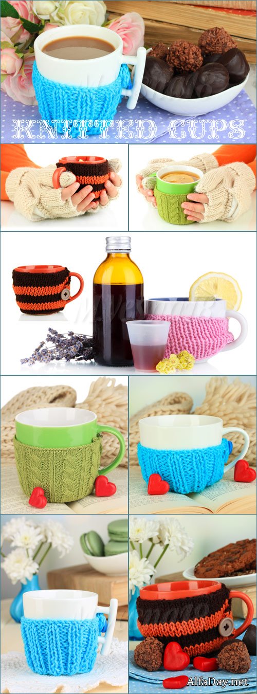 ����� � ������� �������, ��������� ������� / Cup in woolen cover, raster clipart